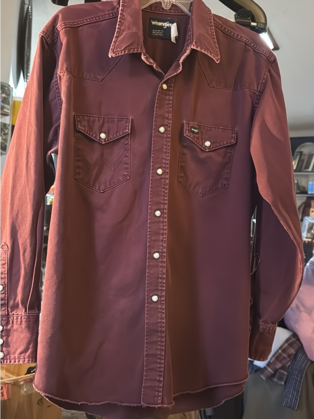 Vintage maroon Wrangler western shirt featuring pearl snap##141
